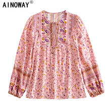 Boho women Tops Vintage Pink Floral Print tassel Loose Blouses ladies lace-up o-Neck Long Sleeve Beach Shirts Blusas Mujer 2024 - buy cheap