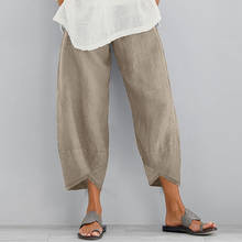 Zanzea calças cortadas vintage femininas, calças de linho com cintura elástica assimétrica, outono 2021 2024 - compre barato