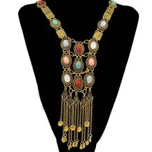 Boho Vintage Color Plated Chain Bead Opal Stone Long Tassel Pendant Statement Necklace sweater chain for Women 2024 - buy cheap