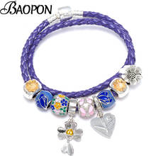 Pulseiras roxo murano, de alta qualidade, com pingente de flor, faça você mesmo, corrente de couro, pulseira de marca para mulheres, casal, joia, presente 2024 - compre barato