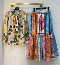 2021 Runway Designer Summer Skirt Suit Women Elegant Camellia Print Long Sleeve Bow Blouse + big hem long Skirt 2 Piece Set y465 2024 - buy cheap