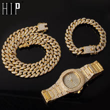 Colar + relógio + pulseira, 3 peças, kit hip hop, michael cubano, corrente dourada, cravejada, strass, cz, bling para homens, joias 2024 - compre barato