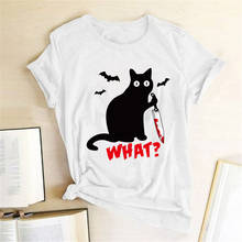 Camiseta de gato negro con cuchillo de gato asesino para Mujer, Camisetas divertidas de manga corta para Halloween, Camisetas para Mujer, Verano 2020 2024 - compra barato