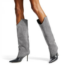 Замшевые Сапоги до колена, Женская обувь в стиле пэчворк, зимние женские длинные сапоги на высоком каблуке, черные модные высокие сапоги с острым носком для дам, 2020 2024 - купить недорого