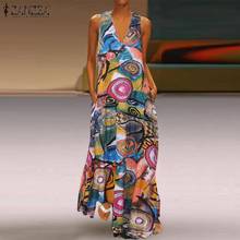 ZANZEA Women Vintage Printed Maxi Long Dress Summer V Neck Sleeveless Party Sundress Casual Femme Robe Tanks Vestido Sarafans 2024 - buy cheap
