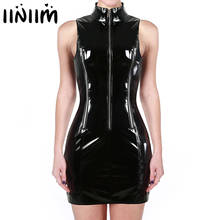 Women Wet Look Leather Clubwear Bodycon Mini Dresses Sleeveless Mini Dress Fashion High Neck Zipper Front Dress Sexy Clubwear 2024 - buy cheap