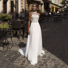 Vestido de novia de satén con corte en A, falda Sexy blanca con abertura alta, cuello de Joya de gasa, estilo bohemio, para playa 2024 - compra barato