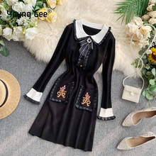 Vestido suéter feminino elegante, vestido preto de outono inverno manga longa com babados em pérolas esticáveis, vestidos plus size 2024 - compre barato
