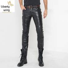 Winter Mens Fleece Lining Trousers Straight Mid Waist Heavyweight Zipper Real Leather Full Length Pencil Pants Casual Biker Man 2024 - buy cheap