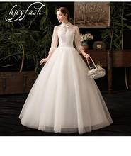 New Design Sexy Illusion High Neck Three Quarter Sleeve Muslim Wedding Dress Lace A-Line Applique Custom Vintage Robe De Mariee 2024 - buy cheap