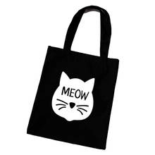 Холщовая пляжная сумка для женщин, повседневный тоут с мультяшным принтом кота, женская сумочка для повседневного использования, сумки на плечо для покупок, черный 2024 - купить недорого