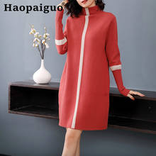 Прямая поставка, однотонный Свободный вязаный свитер, красное платье, женское платье с длинным рукавом, воротником «хомут», офисное платье, женское платье с принтом в полоску 2024 - купить недорого