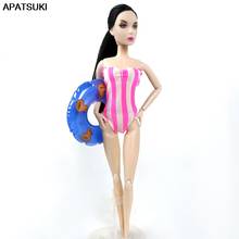 Rosa listrado biquíni para barbie boneca roupas de praia monokini lifebuoy banho banho banho banho para 1/6 bjd boneca acessórios do miúdo brinquedo 2024 - compre barato