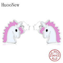 925 Sterling Silver Small Animal Horse Pink Enamel Unicorn Pony Stud Earring For Femme Kid Girl Brinco oorbellen Pendientes 2019 2024 - buy cheap