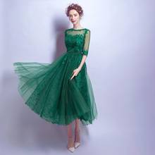 Hot Sale Green Tea Length Evening Dresses 2020 Half Sleeve Appliques Beads Tulle Women Prom Party Dress abiye gece elbisesi 2024 - buy cheap