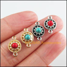 20 New Round Charms Tibetan Silver Tone Gold Color Red & Blue Stone Flower Connectors 9x13.5mm 2024 - buy cheap