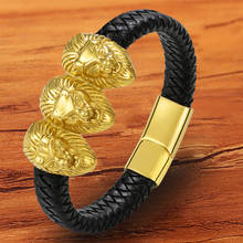 Pulsera de piel auténtica trenzada para hombre, brazalete de piel auténtica, diseño de León Anymal dorado, hebilla magnética tejida de lujo, venta al por mayor 2024 - compra barato