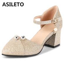 ASILETO-Sandalias de tacón bonitas para mujer, zapatos de punta estrecha de 6CM, con hebilla recta, perlas brillantes, talla 31-43, para fiesta, S1890 2024 - compra barato