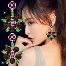 Pendientes grandes con diseño de flores para mujer, aretes largos con diseño de flores de cristal morado y verde, con aguja S925, Color dorado 2024 - compra barato