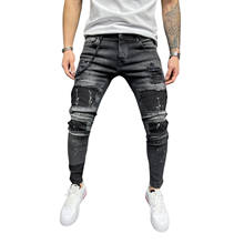 Biker Jeans Men's Distressed Stretch Ripped Biker Jeans Men Hip Hop Slim Fit Holes Punk Denim Jeans Cotton Pants Zipper Jeans 2024 - buy cheap