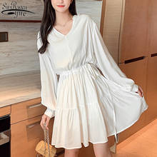 Белое мини-платье с длинным рукавом, с кулиской и V-образным вырезом, с высокой талией, осень 2021, новое корейское женское платье, 11421 2024 - купить недорого