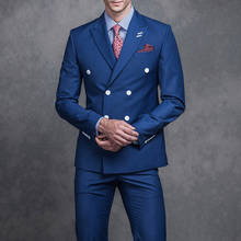 Jaqueta azul royal masculina, ternos de negócios, lapela dupla, breasted, peças colete, calça formal, casamento, noivo 2024 - compre barato