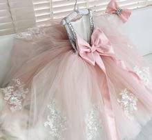 Silver Sequins Top Pink Flower Girls Dresses Bowknet Lace Applique Princess Ball Gown Kids Formal Wear Tutu Birthday Dresses 2024 - buy cheap