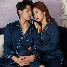 Couple 2PCS Faux Silk Pajamas Suit Spring Autumn Full Sleeve Shirt&Pant Nightwear Loose Sleepwear M-3XL With Pocket Home Wear 2024 - buy cheap