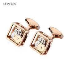 Lepton rosa ouro quadrado emoldurado steampunk engrenagem relógio mecanismo abotoaduras para homens negócios casamento manguito links relojes gemelos 2024 - compre barato