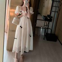 2020 New Lady French Square Collar Midi Dress Vintage Sweet Female Puff Sleeve Dress Casual Street Women Party Vestidos 2024 - buy cheap