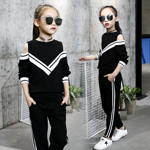 2020 Fashion Big Girls Sports Suits Off Shoulder Black/ White Clothing Set for Teenage Spring Autumn Tracksuit Kids Sportswear - Buy cheap in an online store with delivery: price comparison, specifications, photos