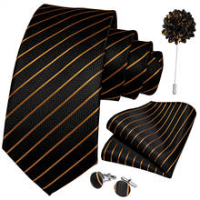 New Arrival 100% Silk Men's Ties Gold Striped Black Necktie Hanky Brooch Cufflinks Set Men Wedding Party Business Tie DiBanGu 2024 - buy cheap