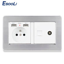 ESOOLI Stainless Steel Panel French Standard Socket with 2 USB Charge Port +1 Gang Female TV Connector RJ11 Telephone Connector 2024 - buy cheap