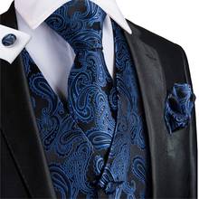 Привет-галстук темно-синий мужской костюм жилет черный Пейсли Шелковый жилет для мужчин цветочный Модный ручной Запонки Набор для Свадебная деловая вечеринка 2024 - купить недорого