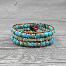 Pulseras bohemias azules de cuero de piedra Natural, brazalete Vintage tejido a mano, joyería Retro de moda 2024 - compra barato