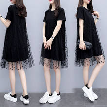 Tshirt Dress 2022 Summer Womens Casual Black Short Sleeve Splicing Mesh Sexy Vintage Polka Dot A-Line Dresses Plus Size 5XL Y129 2024 - buy cheap