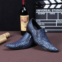 Sapatos masculinos de couro legítimo de vaca, sapatos oxford com estampa floral azul elegante para escritório + sapatos masculinos 2024 - compre barato