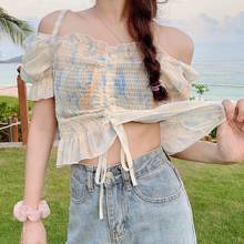 Women Fashion Pleated Blouse Summer Sweet Chiffon Blouse Square Collar Short Shirt Tops 2024 - buy cheap