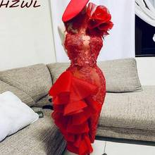 Red Illusion Sexy Mermaid Prom Dresses  Knee Length Lace Appliques Party Gowns Flower Ruffles Formal Vestidos Evening Dress 2024 - buy cheap