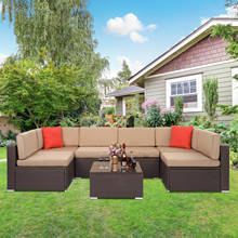 Outdoor Patio Furniture 7Pcs Set 2 Corners 4 No Armrests Sofa 1 Square Coffee Table Dark Brown Pattern Rattan Khaki Cushion 2024 - buy cheap