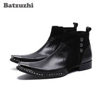 Batzuzhi-Botas de vestir de piel auténtica para hombre, botines Militares con punta de Metal puntiaguda, a la moda occidental, de negocios, color negro 2024 - compra barato