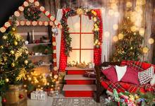 7x5FT веселое Рождество комната золото боке ель подарочные коробки лестницы окно пользовательские фото фон виниловый 220 см X 150 см 2024 - купить недорого