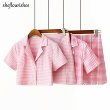 Summer 2 piece set women short sleeve shirt plaid notched blouse pink button up shirt korean mini skirt high waisted skirt split 2024 - buy cheap