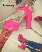 Linamong-Sandalias de charol con punta abierta para mujer, zapatos sexys de plataforma alta, de tacón alto grueso, color rosa y naranja, para vestido de boda 2024 - compra barato
