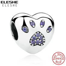 ELESHE Cute Dog Paw Print Charm 925 Sterling Silver Multicolor Zircon Heart Bead Fit Original Charm Bracelet DIY Jewelry 2024 - buy cheap