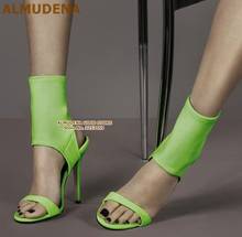 ALMUDENA-Botas de sandalia al tobillo de tela elástica para verano, calzado fluorescente verde y rosa, tacones altos finos de Metal con tachuelas, tacones de tiras recortadas 2024 - compra barato