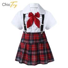 Crianças meninas dança desempenho terno camisa de manga curta tops suspensórios xadrez saia uniformes escolares estudante crianças trajes coro 2024 - compre barato