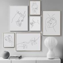 Настенная картина на холсте с черной и белой линией «Love Kiss Girl Hand» для гостиной, домашний декор, скандинавские плакаты и принты, настенные картины 2024 - купить недорого
