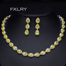FXLRY New Luxury Yellow Water Drop Cubic Zirconia Big Choker Necklace And Earring Set For Bridal Wedding Jewelry 2024 - buy cheap