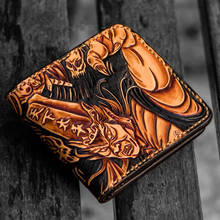 Hand-made Short Wallets Purses Women Men Clutch Vegetable Tanned Leather Thin Hand Carving Wallet Card Holder Birthday Present 2024 - buy cheap